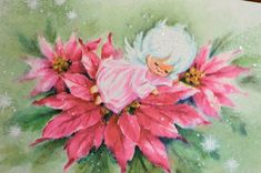 a painting of a baby sleeping on top of poinsettis with snow flakes