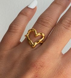 Open Heart Ring 18K Gold Plated Stainless Steel Runs True to Size Water Resistant Gold Plated Rings For Valentine's Day Gift, Valentine's Day Gift Gold Plated Rings, Gold Plated Round Heart Ring As Gift, Handmade Gold Heart Ring For Promise, Gold Heart-shaped Tarnish Resistant Ring, Gold Heart-shaped Tarnish-resistant Ring, Gold Plated Promise Ring For Valentine's Day, Gold Tarnish-resistant Heart-shaped Ring, Gold Tarnish-resistant Heart Ring