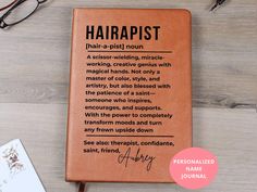 a personalized leather book with the words harrapist written on it