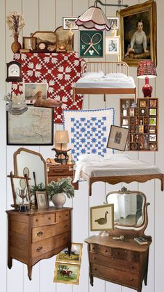 a collage of antique furniture and pictures on the wall in a room with white paneling