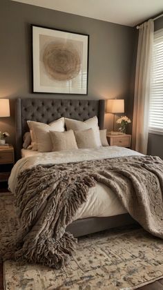 a bedroom with a large bed covered in blankets and pillows