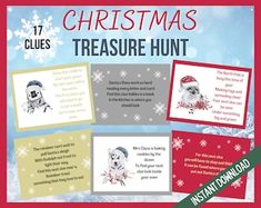 a christmas card with pictures of dogs and snowflakes on the front, along with text that reads'christmas treasure hunt '