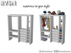 two white shelves with drawers and clothes hanging on the top, one is open to reveal shoes