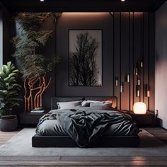 a large bed sitting in a bedroom next to a tall plant and potted tree