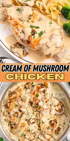 chicken with mushroom sauce and pasta in a skillet