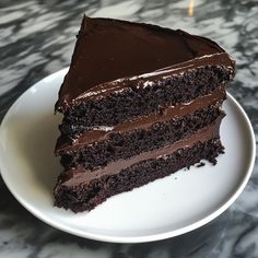 a slice of chocolate cake on a white plate