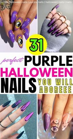 Purple Black Nails Halloween, October Nails Ideas Purple, Purple Sparkle Halloween Nails, Plum Halloween Nails, Deep Purple Halloween Nails, Purple Halloween Nail Art, Purple Spiderweb Nails, Witchy Purple Nails, Purple And Orange Nails Acrylic