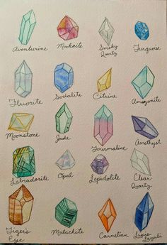 a drawing of different types of crystals on a piece of paper with watercolor pencils