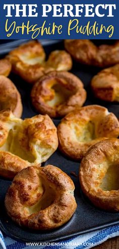 yorkshire puddings on a tray with text overlay that reads the best yorkshire puddings try my foolproof recipe