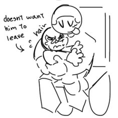 a black and white drawing of a man holding a baby in his arms with the caption doesn't want him to leave