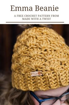 a woman wearing a crochet beanie with the text, free crochet pattern from made with a twist