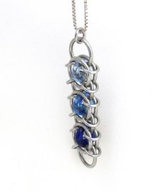 Blue Pendant, Glass Pendant, Chain Maille Pendant, Shades of Blue Glass Jewelry, Jump Ring Jewelry Blue Stainless Steel Chain Jewelry, Blue Stainless Steel Round Pendant Jewelry, Jump Ring Jewelry, Chain Maille Jewelry, Chain Maille, Blue Pendant, Glass Rings, Metal Wire, Craft Inspiration