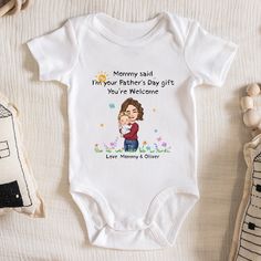 Introducing our Father's Day Onesie, a delightful and humorous addition to celebrate the special occasion. The funny "I'm your Father's Day Gift" Bodysuit is a cute and charming Father's Day Gift, perfect for your husband from his wife. This adorable onesie doubles as a thoughtful first Father's Day gift and a unique announcement or gender reveal surprise for the new dad. Let the little one make a statement with this playful bodysuit, creating cherished memories for this joyous chapter. Embrace Personalized Baby Onesies, First Time Dad, First Fathers Day, New Dads, Cherished Memories, Gender Reveal, Personalized Baby, Little One, Fathers Day Gifts