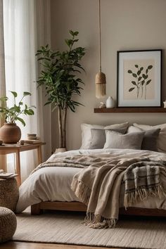 a bed sitting in a bedroom next to a potted plant on top of a table