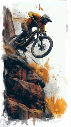 a man on a dirt bike jumping over some rocks and grass in the background is an orange sky