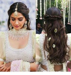 two pictures of the same woman with different hairstyles, one is wearing a bridal