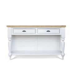 a white wooden table with two drawers