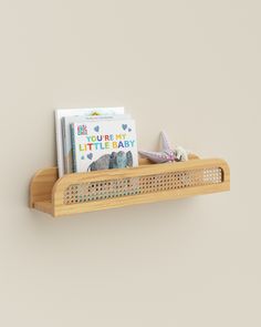 a wooden shelf with books and toys on it