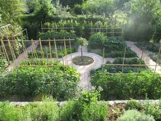 an aerial view of a garden with many different plants and trees in the area around it