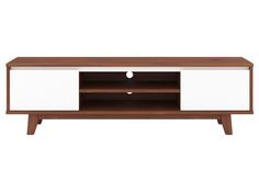 White and dark brown wood TV stand for TVs up to 68 inches with open shelving and modern design. White Cupboards, Wood Tv Stand, Patio Bar Set, Patio Storage, Wood Tv, Cabinet Accessories, Mattress Box Springs, Tv Stand Wood, Wire Management