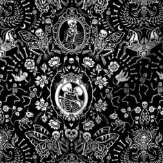 a black and white photo with skulls, flowers, and other things on it's surface