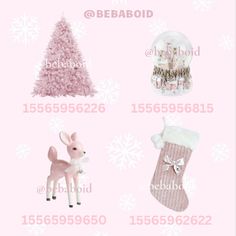 various christmas items displayed on a pink background with white snowflakes and small trees