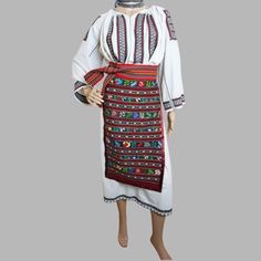 Vintage Romanian traditional clothing , folk costume from Oltenia consisting of 3 pieces: Romanian folk dress  with hand-stitched pattern, pair of splendid vintage folk aprons  and new belt. The Romanian traditional dress  is hand embroidered  with dark red  and black cotton on white industrial canvas. It has no defects. It is clean, ready to wear. It is size S-M. Even if it seems that it is wide across the chest and waist, from the shoulders to the underarm it is small and so is the neck circum Folk Style Dress For Traditional Ceremonies And Festival, Traditional Long Sleeve Wear With Woven Motifs, Long Sleeve Traditional Wear With Woven Motifs, Folk Style Dresses With Traditional Patterns For Festival, Folk Dresses With Traditional Patterns For Festival, Traditional White Festival Dress, Traditional White Dress For Festivals, Folk Style Traditional Wear For Ceremonies, White Folk Style Traditional Wear For Ceremonies