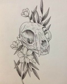 a drawing of a skull with flowers on it's head and leaves around its neck