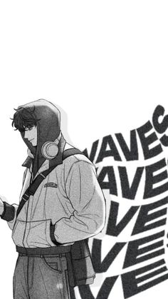 an anime character with headphones on looking at his cell phone while standing in front of a sign that says waves avenue