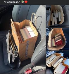 there are many different pictures of books in the bag on the back of a car