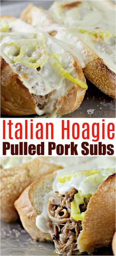 italian hoagie pulled pork subs with melted cheese on top, and in the middle