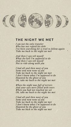 the night we met poem written in black ink on white paper with an image of four phases