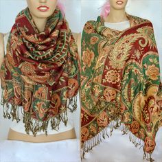 My shop https://www.etsy.com/shop/Pinkbeige Color: Brown, Green, Beige and Gold. (Beige colors should reflect shiny gold) 🧡 QUALITY: Very comfortable very soft shawl, scarf or wrap for women. This wonderful shawl is woven double-sided with yarn. Yarn: Cotton and viscose mix. 🧡 Length Approx. 76" with fringes (72" + 4" fringes each side) / width Approx. 26". 🧡USAGE: This scarf is a perfect wearable for office, shopping, eat out, evening parties, dinner parties, weddings, birthday parties or an Soft Shawl, Gold Shawl, Spring Shawl, Floral Shawl, Pashmina Shawl, Shawl Scarf, Dark Beige, Green Dark, Pink Beige