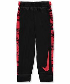 BRAND NEW WITH TAGS FREE SHIPPING WITHN THE U.S. SHIPPING OUT NEXT DAY Nike Therma Dri-Fit joggers 100% polyester Inseam side pockets Interior draw-string Machine wash cold, inside out Imported Style: 86C337-R1N Color: Black/U.Red Retail: $38.00 Size: Toddler 4 - RELAXED waist of 18"; inseam 16.5"/outer seam 23"; front rise 6.5"/back rise 8".      Shipping: I ship your package within one business day of complete payment. To US addresses I offer FREE USPS shipping, on most items, with confirmatio Black Sports Bottoms With Logo Detail, Black Logo Bottoms For Sports, Nike Black Joggers For Sports, Sporty Black Joggers With Logo Detail, Athleisure Joggers With Logo Detail For Sports, Nike Red Joggers For Sports, Red Nike Joggers For Streetwear, Nike Red Joggers For Streetwear, Fitted Joggers