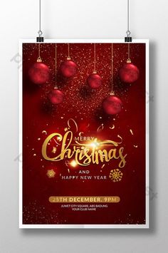 merry christmas and happy new year flyer with red balls on a red background, hanging from strings