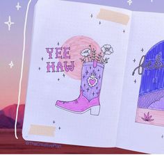 an open notebook with drawings on it and the words yee haw written in cursive writing