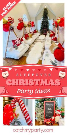 a collage of christmas party decorations and decorating items with text overlay that reads sleepover christmas party ideas