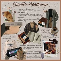 Chaotic Academia aesthetic card, containing pictures and  descriptions of Chaotic Academia. Writing Academia Aesthetic, Chaotic Academia Essentials, Academia Aesthetic Essentials, 2000s Academia Aesthetic, Dark Academia Librarian Aesthetic, How To Have A Dark Academia Aesthetic, Academia Subtypes, Chaotic Light Academia, Rock Academia Aesthetic