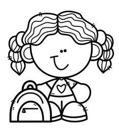 a black and white drawing of a girl holding a school bag with a backpack in front of her