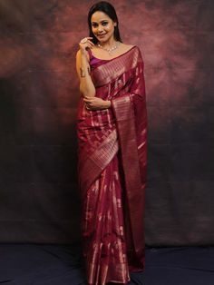 Stylish banarasi soft lichi silk saree for women USA,jacquard saree with copper zari work,Indian ethnic wear for wedding,festive sari blouse Saree Details:  Saree Color: Dark Scarlet Saree Length: 5.5 Meter Saree Fabric: Banarasi soft lichi silk Saree Work : Pure Copper zari weaving beautiful Jacquard work Blouse Details : Blouse Color: Matching. Blouse Length: 0.8meter Blouse Fabric : Banarasi soft lichi silk Blouse Work : Heavy Brocade blouse. Blouse wear by model is just for modeling purpose Silk Sari Blouse, Lichi Silk Saree, Gota Patti Saree, Maroon Saree, Jacquard Saree, Brocade Blouse, Wedding Sari, Brocade Blouses, Indian Blouse