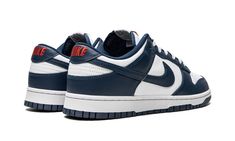 The Nike Dunk Low “USA” is a May 2022 release of the patriotic sneaker in a classic  colorway and all-leather construction.  The “USA”  celebrates major holidays that are observed by the US during the spring and summer.  This design features Valerian Blue overlays that are contrasted with a white leather base on the mid-panel, toe, and heel.  Blue Swooshes cover the mid-panels and pops of red appear on the tongue and heel logo to complete the design.  Release Date: June 16, 2022 Nike Dunk Low Valerian Blue, Usa Shoes, Dr Shoes, Trendy Shoes Sneakers, Preppy Shoes, All Nike Shoes, Shoe Wishlist, Cute Nike Shoes, Valerian