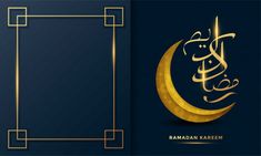 rama kareem greeting card with golden crescent and square frame on dark blue background