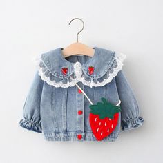 Mqtime Spring Baby Girls Long Sleeve Denim Jeans Lace Lapel Collar Strawberry Jackets Coats Children Kids Cardigans Outerwear Princess Jacket, Kids Fashion Wear, Strawberry Bag, Children Outerwear, Fall Baby Clothes, Girls Denim Jacket, Kids Cardigans, Girl Sleeves, Skirts For Kids