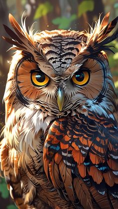 an owl with yellow eyes is sitting on a branch in front of some trees and leaves