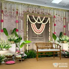 Decor For Pellikuthuru, Pellikuthuru Decoration At Home, Traditional Wedding Backdrop, Pellikuthuru Decoration, Reception Stage Decoration Backdrops, Dhoti Function, Reception Stage Decoration, Leaf Decor Wedding, Saree Function