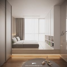 a modern bedroom with white walls and wood flooring is pictured in this rendering image