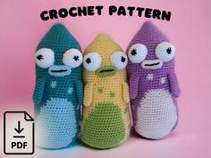 three crocheted toy characters are posed next to each other on a pink background