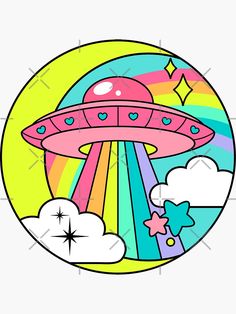 an alien ship flying through the sky with rainbows and clouds in front of it