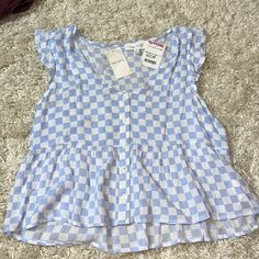 Never Worn, Checkered Print Sleeveless Blouse, So Cute For A Brunch Date!! Brunch Date, White Sleeveless Blouse, Printed Sleeveless Blouse, Checkered Print, Checker Print, White Sleeveless, Sleeveless Blouse, Pink Rose, White Blue