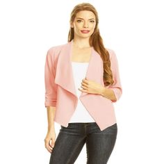 Product Description: Add a touch of elegance to your ensemble with this women's waist length jacket, available in both solid and print variations. The fitted style and open front create a sleek silhouette, complemented by a sophisticated draped neck. The ruched 3/4 length sleeves provide a fashionable finish, making this jacket a versatile addition to any wardrobe. Ideal for both day and night, it pairs effortlessly with a variety of outfits for a polished look. Size Chart(Inches) / HBL00002 S = Moa Collection, Casual Tanks, Jean Jacket Women, Work Wear Women, Long Sleeve Blazers, Light Sweater, Work Office, Open Front Cardigan, Cardigan Jacket